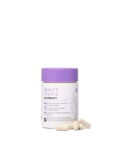 Nu Skin Suplement na skórę włosy i paznokcie z biotyną | Beauty Focus MultiBeauty - 30 kapsułek, słoiczek z fioletową pokrywką
